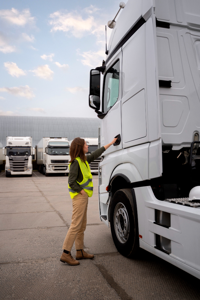 Full shot woman fixing truck
